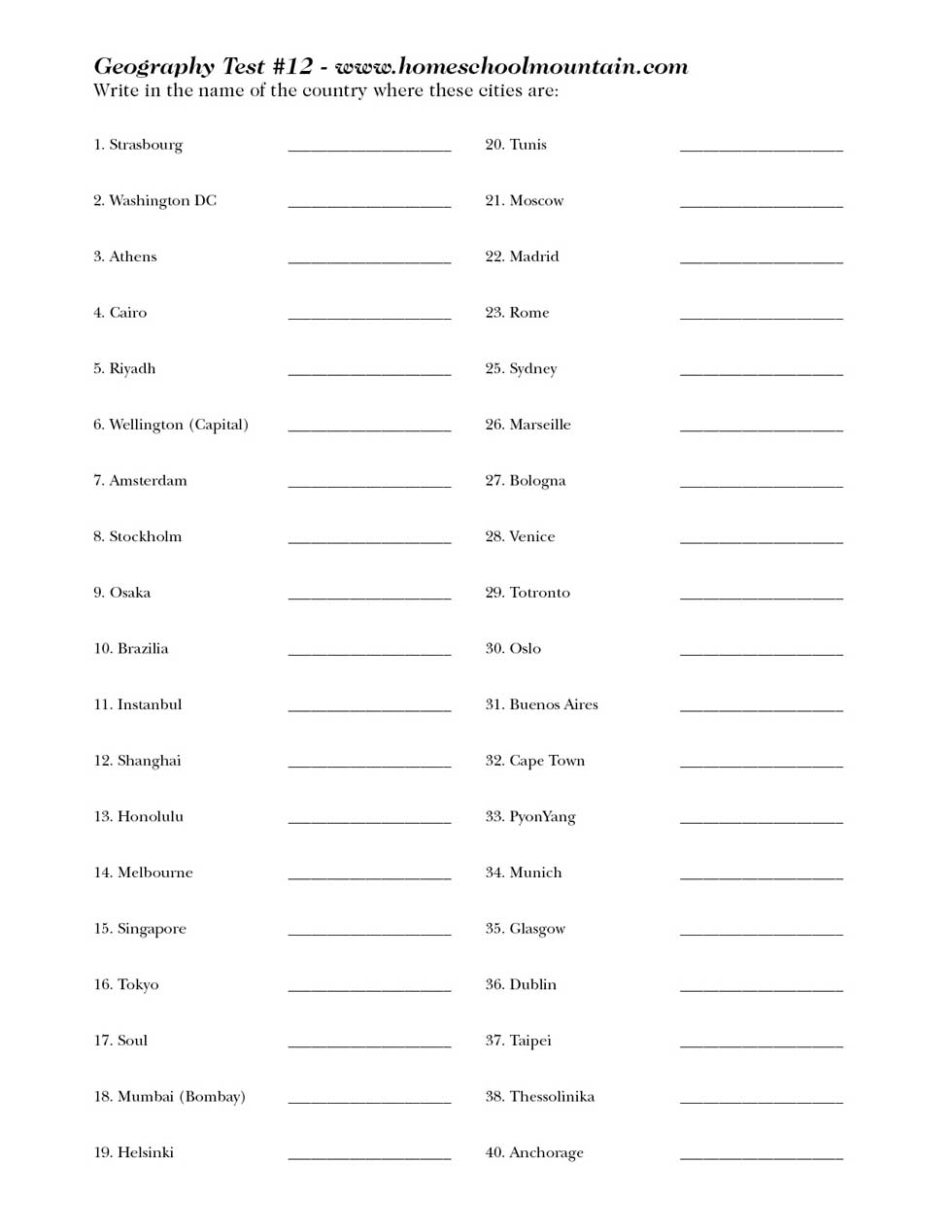 Geography test 12 - 40 Cities of the world