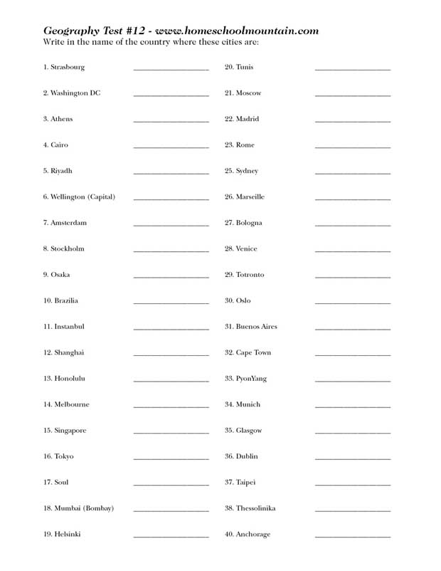 Geography test 12 - 40 Cities of the world - Free for kids and Adults - PDF download
