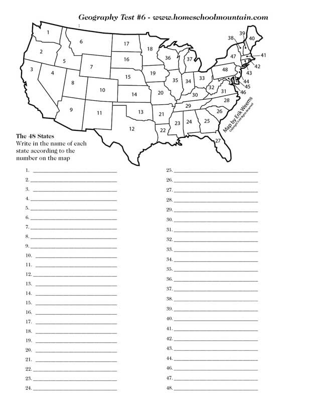 Geography Test 6 - 48 States of the United States - Free for kids and Adults - PDF download